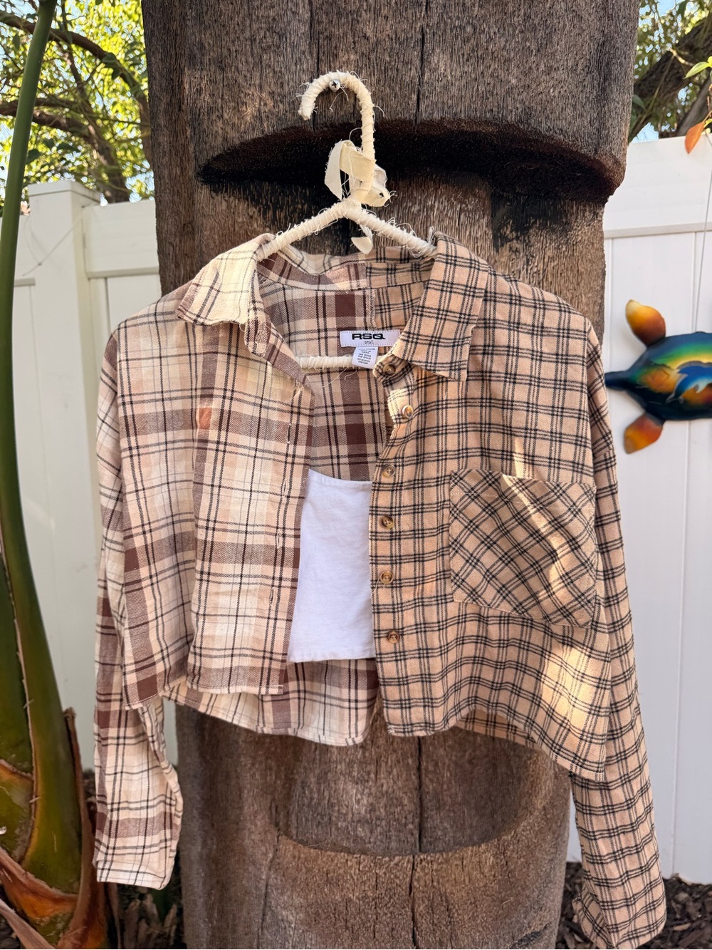 RSQ Cropped Plaid Flannel in Beige and Brown
